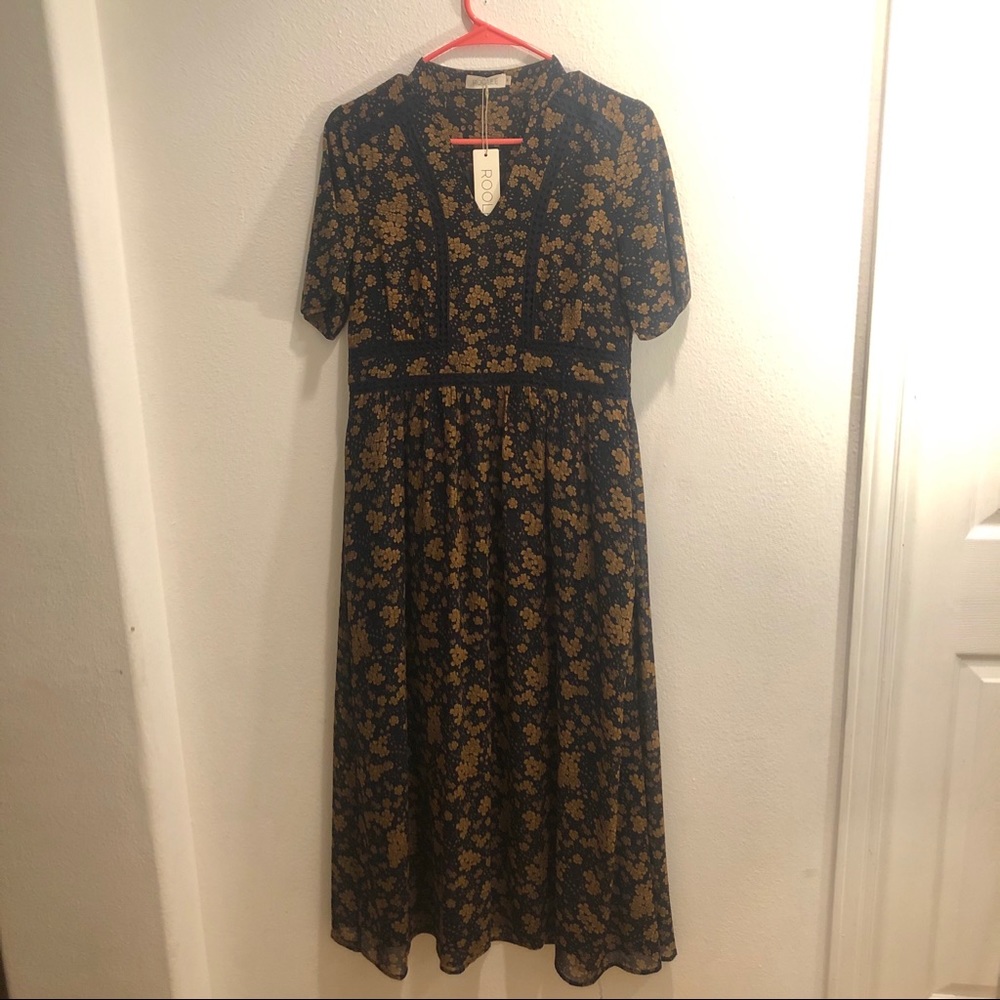 Roolee Maxi Navy and Khaki Floral Dress